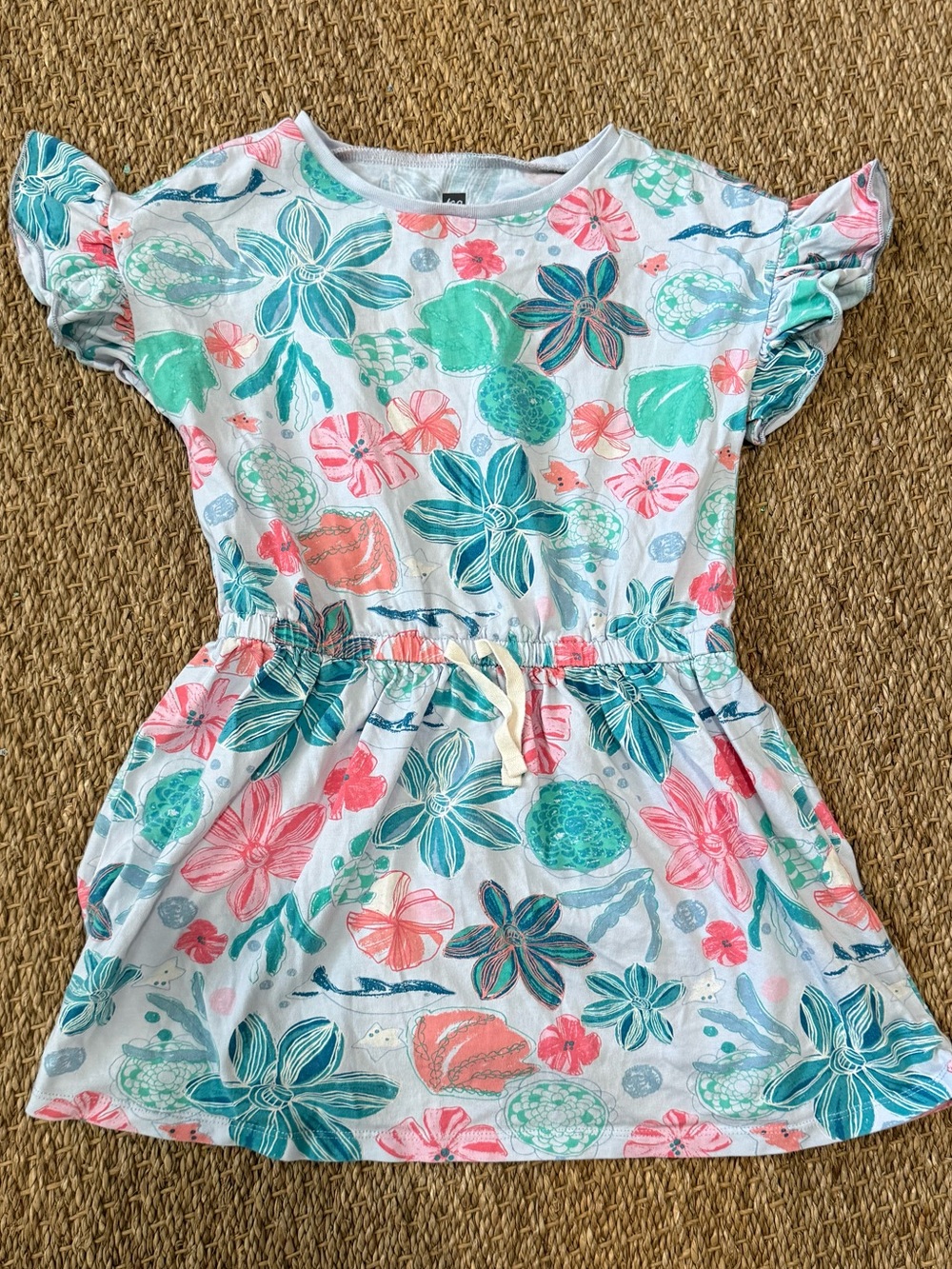 Tea Collection Girls Sea Life Floral Print Elastic Waist Dress EUC